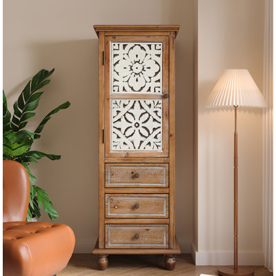 Armoire de rangement rustique en bois avec porte découpée décorative et 3 tiroirs, grand organisateur étroit pour le salon, la chambre à coucher