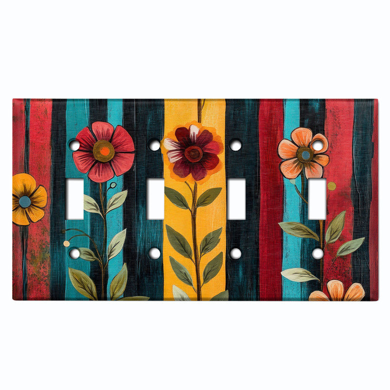 Couvercle de plaque d'interrupteur en métal; Bascule 4 bandes US standard - Fleurs rustiques, #4 Quad Toggle
