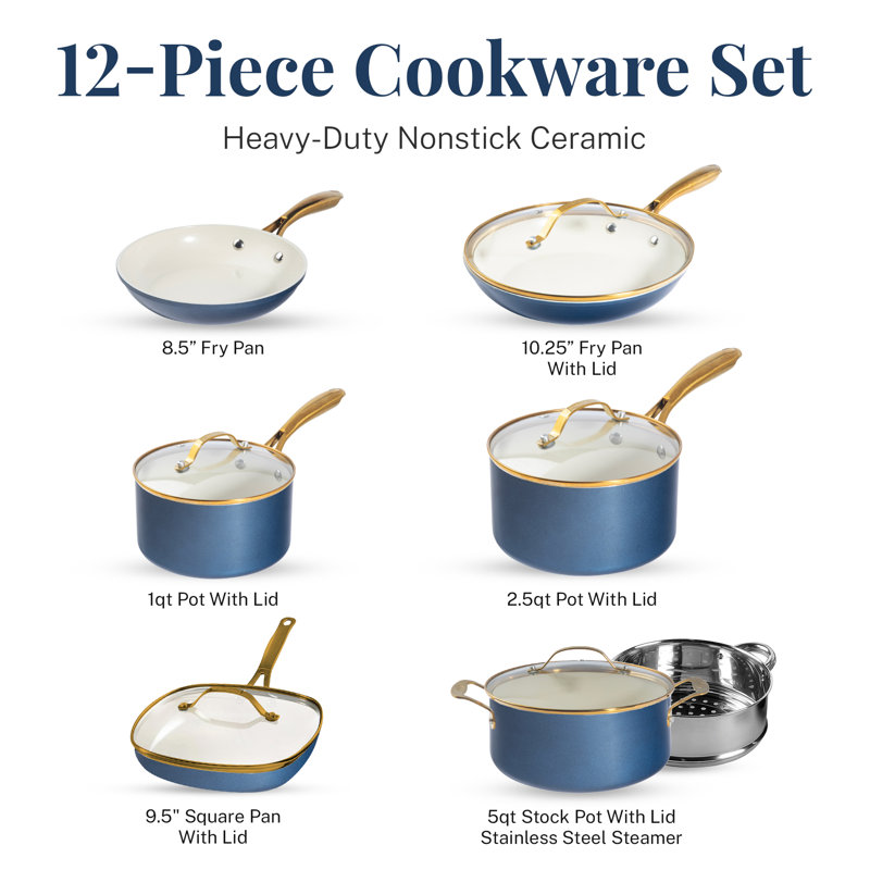 Navy and Cream 12-Piece Nonstick Stainless Steel Cookware Set