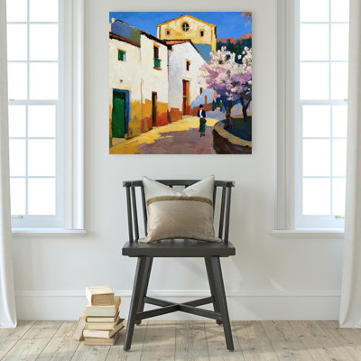 Blossoming Village Street Tranquil Vibrant Abstract Cherry Architecture Spring Wall Art