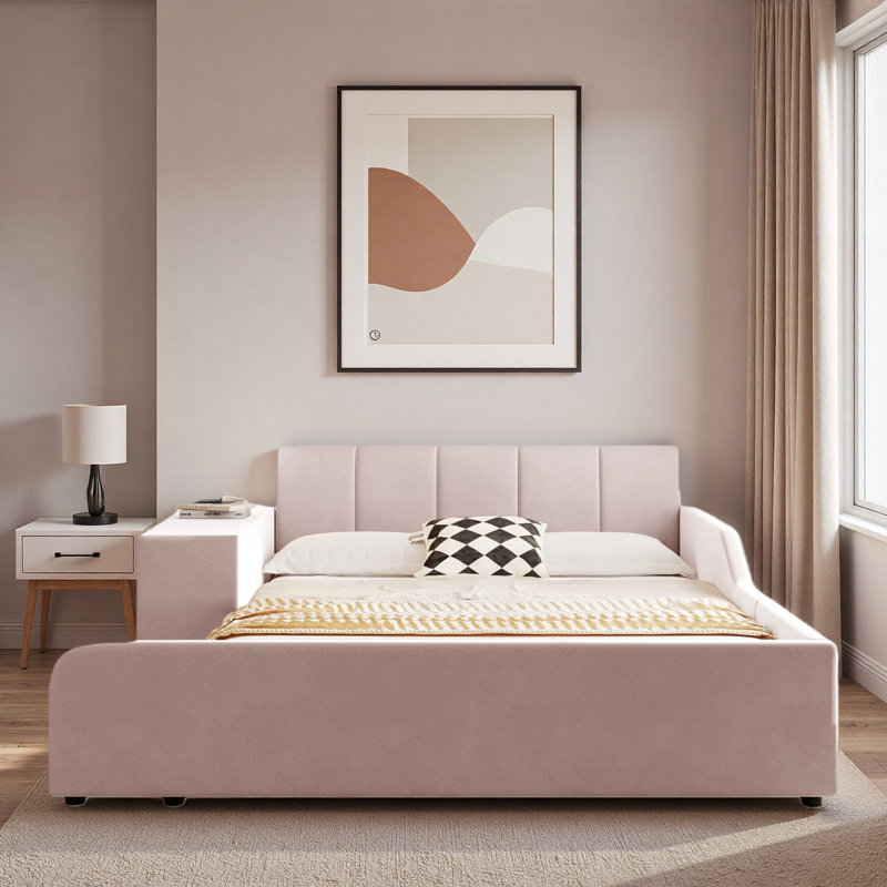 Lit rembourré mère et enfant avec bureau de chevet et petit tabouret rond, Lit double, Rose