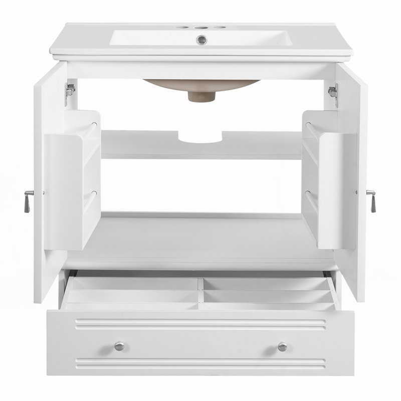 30" Bathroom Vanity with Ceramic Sink, Solid Wood Frame Bathroom Sink Cabinet with Adjustable Shelf, Drawer with Divider