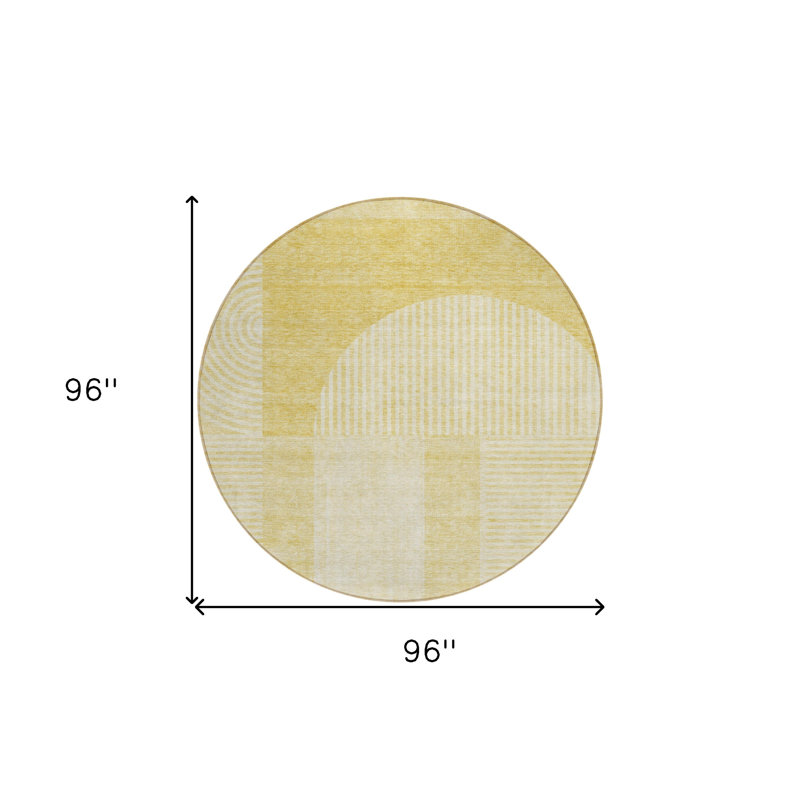 Tapis extérieur rond lavable à motif géométrique ivoire et jaune 8 pi