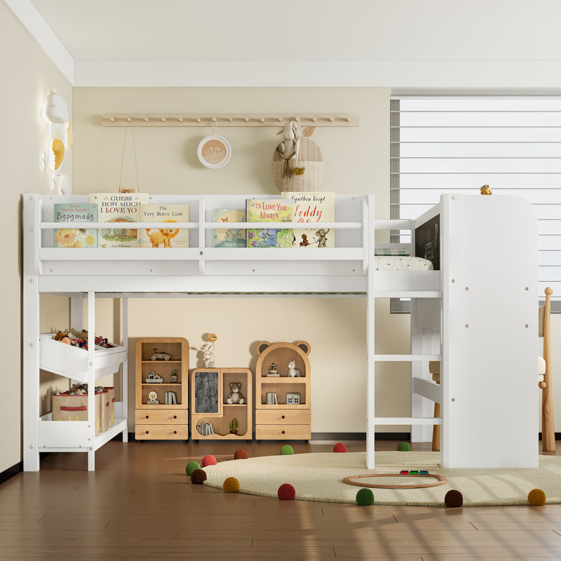 Full Loft Bed with Desk, Storage Drawers & Bookcases, Solid Wood Low Loft Bed with Blackboard, No Box Spring, White, White
