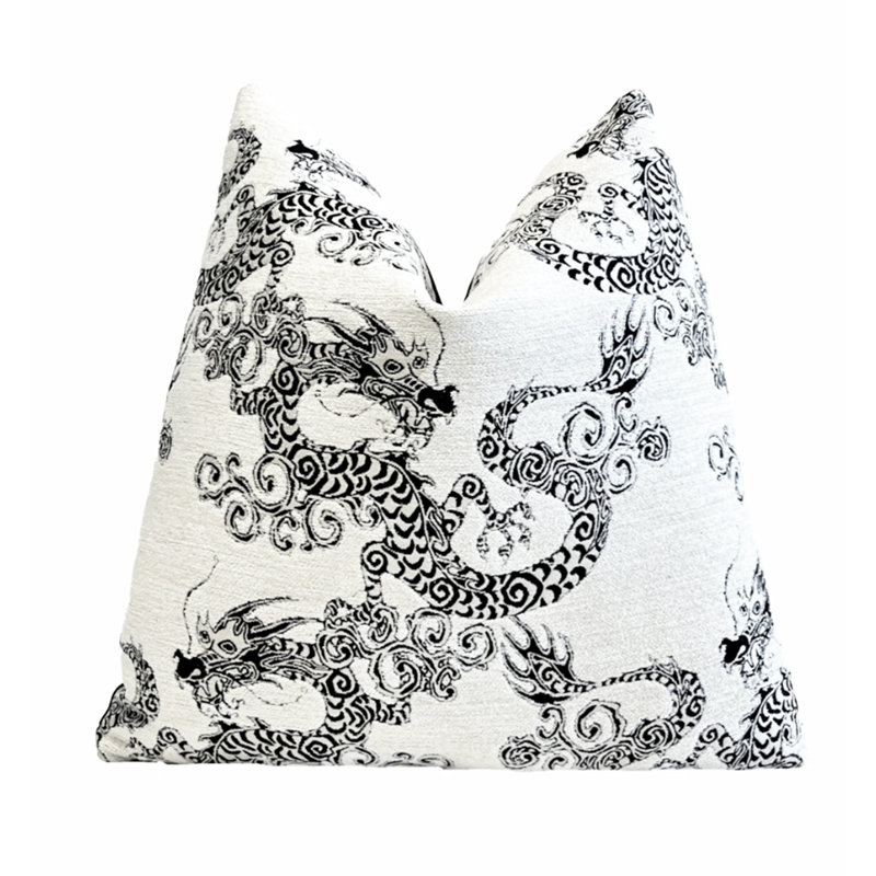 Housse de coussin en chenille brodée, Noir / blanc brodé, H 20 po x l 20 po
