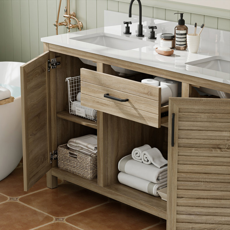 Double Sink Bathroom Vanity with Quartz Countertop and cUPC Ceramic Basins, Pre-Assembled 60", 60", Brown