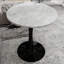 27.6" gold coffee table, mid-century modern style dining table, accommodates 2-4 people, featuring a round light grey textured marble tabletop, suitable for various settings.-280938815