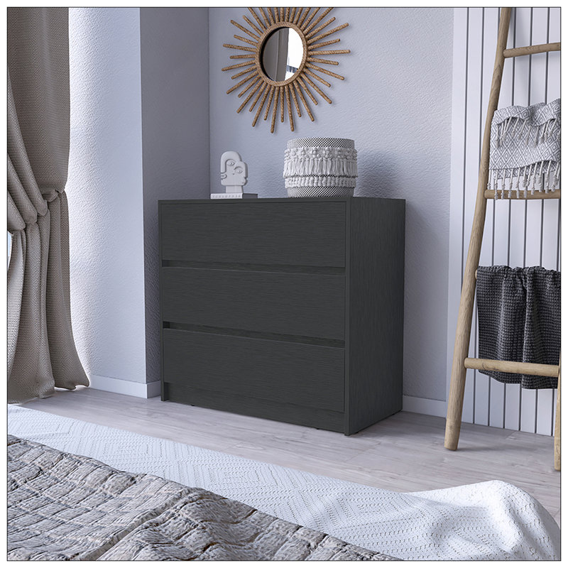 Commode Maldus, trois tiroirs, finition wengé noir, Noir