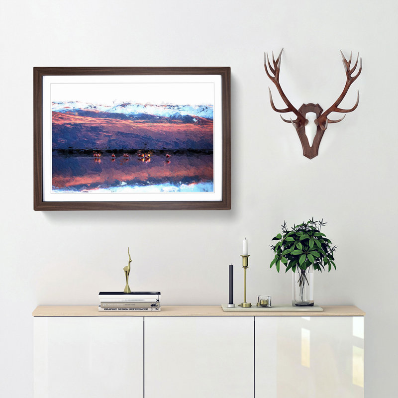 Flamingos at Sunset - Picture Frame Painting Print, 48cm H x 65cm W x 2cm D, Walnut Framed