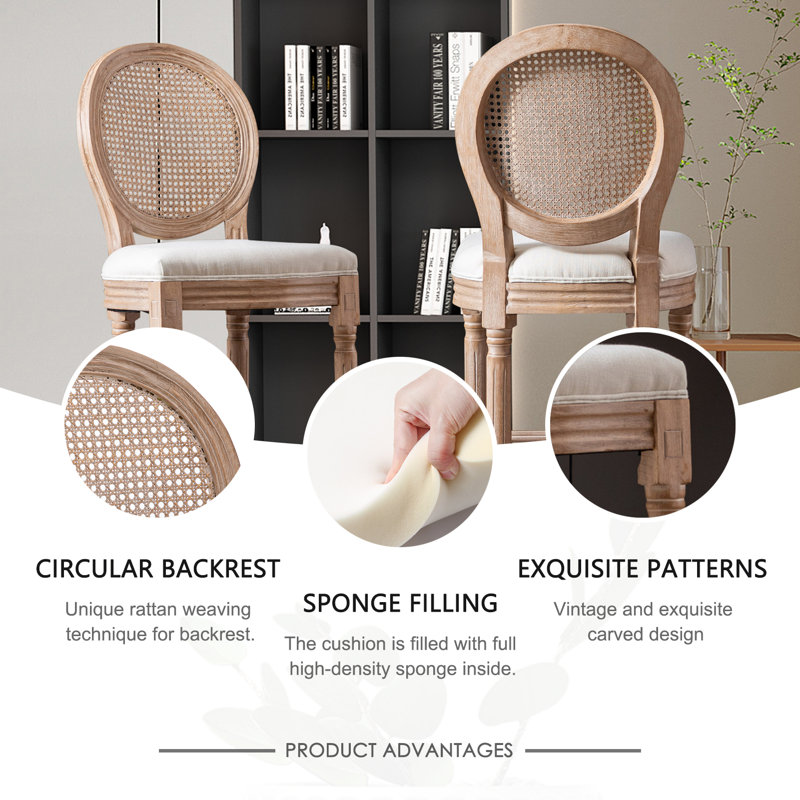 Tabourets de bar à dossier en rotin rétro avec siège en tissu beige, chaises à hauteur de comptoir en bois pour bar de cuisine et de maison de campagne (beige)