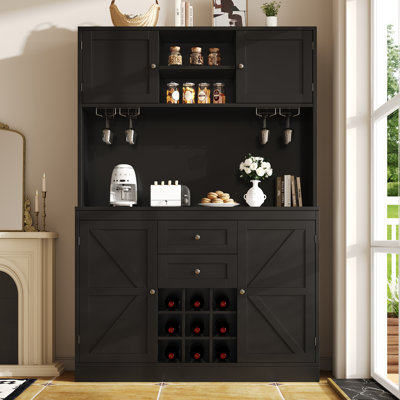 Kitchen Cabinet With Adjustable Shelves & Wine Rack, Tall Kitchen Cabinet With 4 Doors And 2 Drawers, Sideboard For Kitchen & Living Room, Buffet Cabinet, Balck 