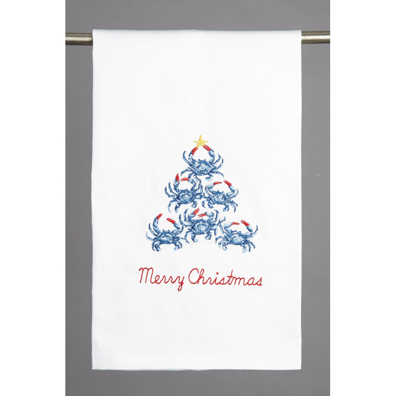 Torchon bleu à motif arbre de Noël brodé