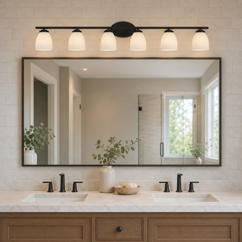 Applique murale pour salle de bain 6 lumières à abat-jour en verre givré nervuré, Noir, Six lumières
