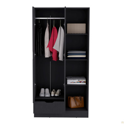 Memphis Wardrobe with 4-Tier Storage Shelves and 1 Drawer Black