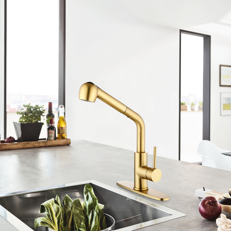 Single Handle Kitchen Faucet In Gold - Corrosion Finish For Longevity And Stainless Steel With Dual Spray Superior To Dirty From Sticking