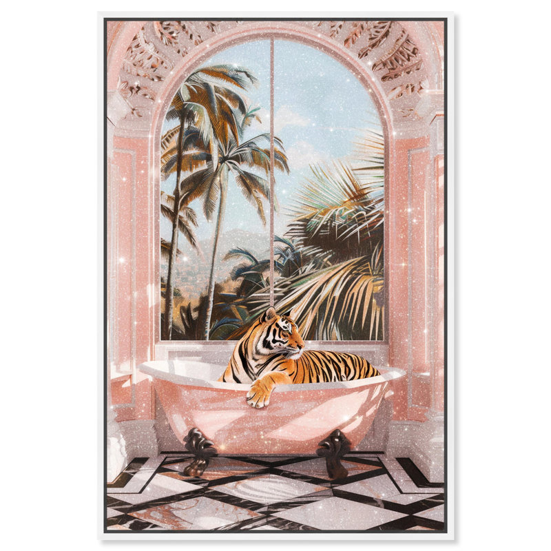 «Sleeping Tiger Bath» par Art Remedy, H 55 po x l 37 po, Cadre blanc