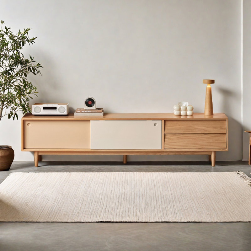 Oak TV Stand with Sliding Cabinet Doors, 19.68"H x 78.74"L x 15.75"W
