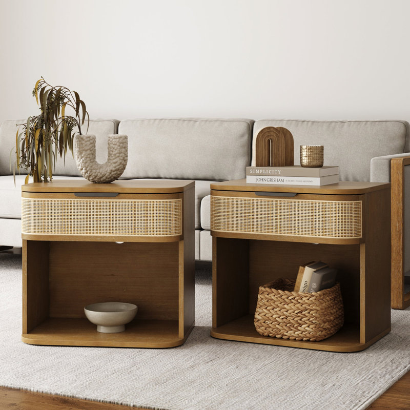 Ensemble de table de chevet moderne en rotin 2 pièces avec 1 tiroir, Ensemble de 2