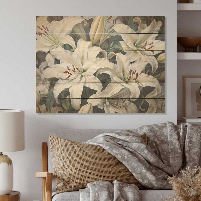 White Lilies In Bloom Beauty I - Lilies Wood Wall Art On Natural Pine Wood, 30" H x 40" W