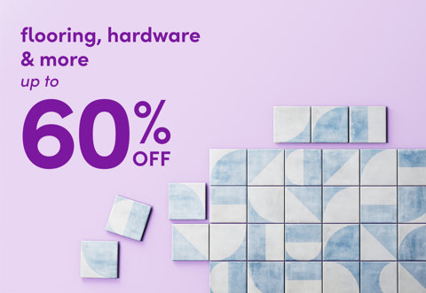 Flooring, hardware, and more up to 60% off with blue and white patterned tile accents.