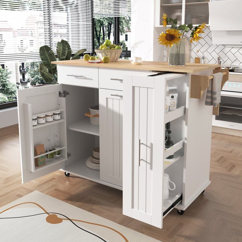 K&K Kitchen Island With Drop Leaf, White