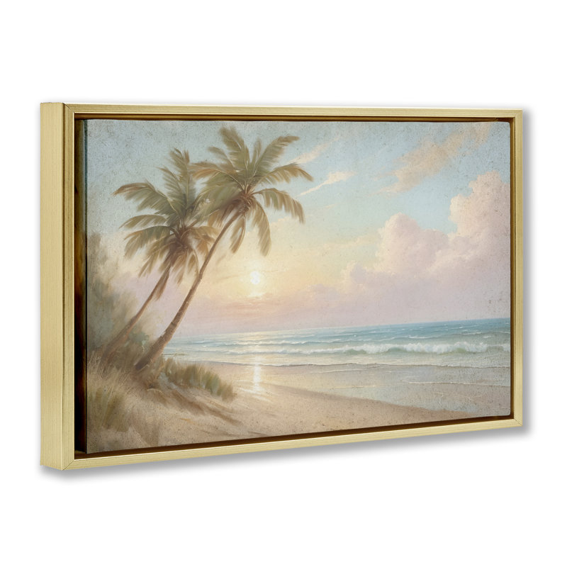 «Sunset View Beach Palms Floater», art mural par Kim Allen, H 21 po x l 31 po, Cadre flottant métallique doré