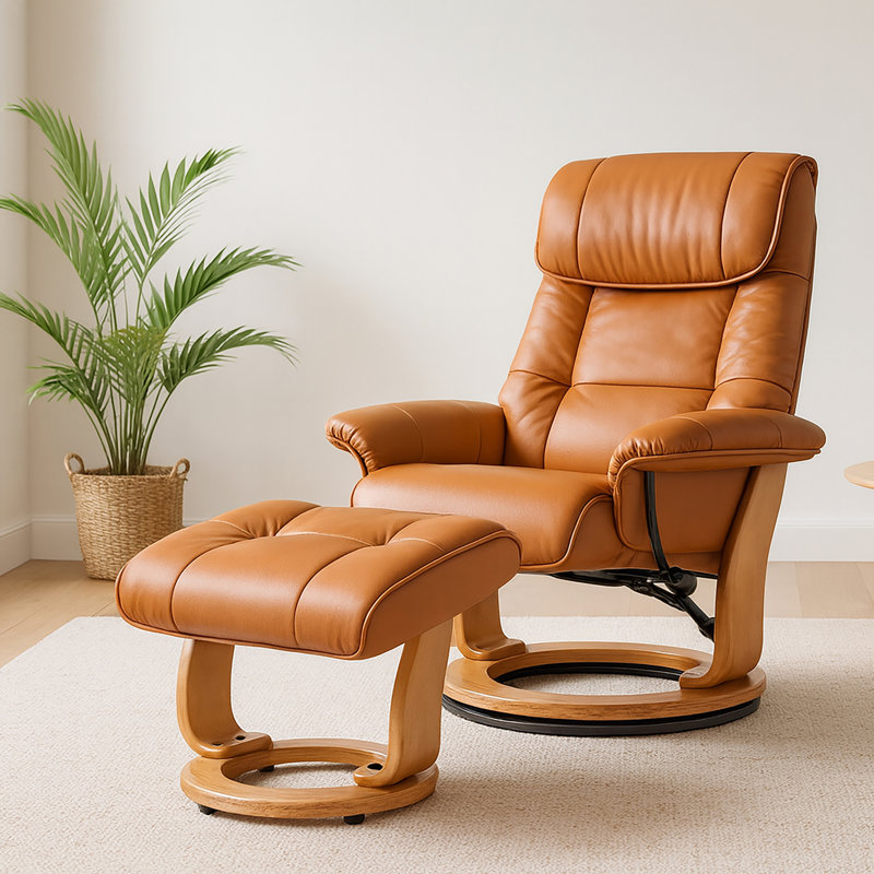 Beaucet 31.5" Wide Genuine Leather Swivel Recliner with Ottoman, Orange Genuine Leather