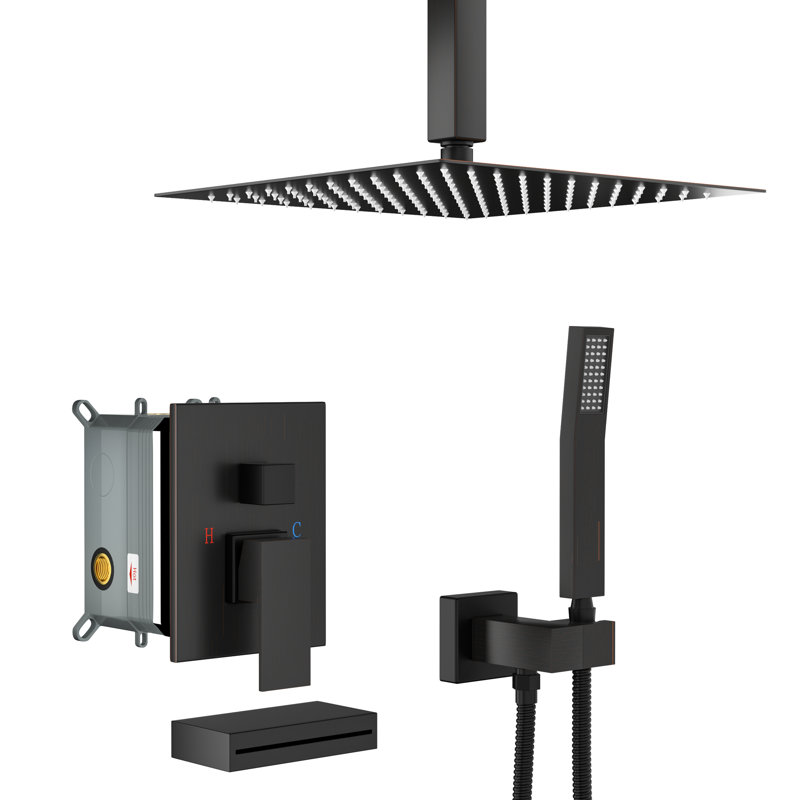 Ensemble de douche à fixation au plafond avec effet cascade et douchette à main - Pommeau de douche carré effet pluie de 30 cm, finition bronze caoutchouté, bec de baignoire à jet pluie, robinetterie de 30 cm