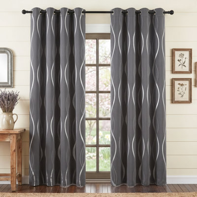 Blackout Curtains Panels Window Treatment Thermal Insulated Solid Grommet Blackout Wave Line Foil Print Design Curtains for Living Room Set of 2