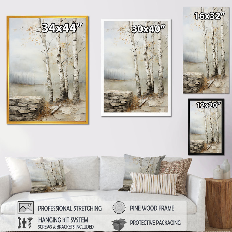 Rustic Birch Tree Charm - Art mural bouleau, H 40 po x l 30 po x P 1,5 po, Cadre flottant blanc