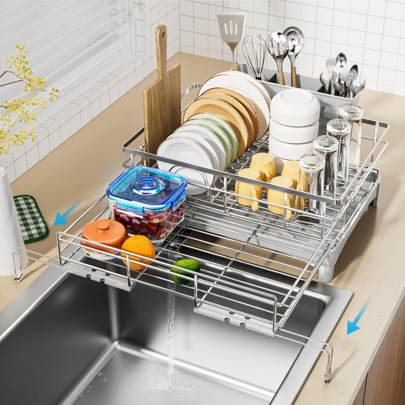 Égouttoir à vaisselle extensible en acier inoxydable avec porte-ustensiles pour comptoir de cuisine, Naturel