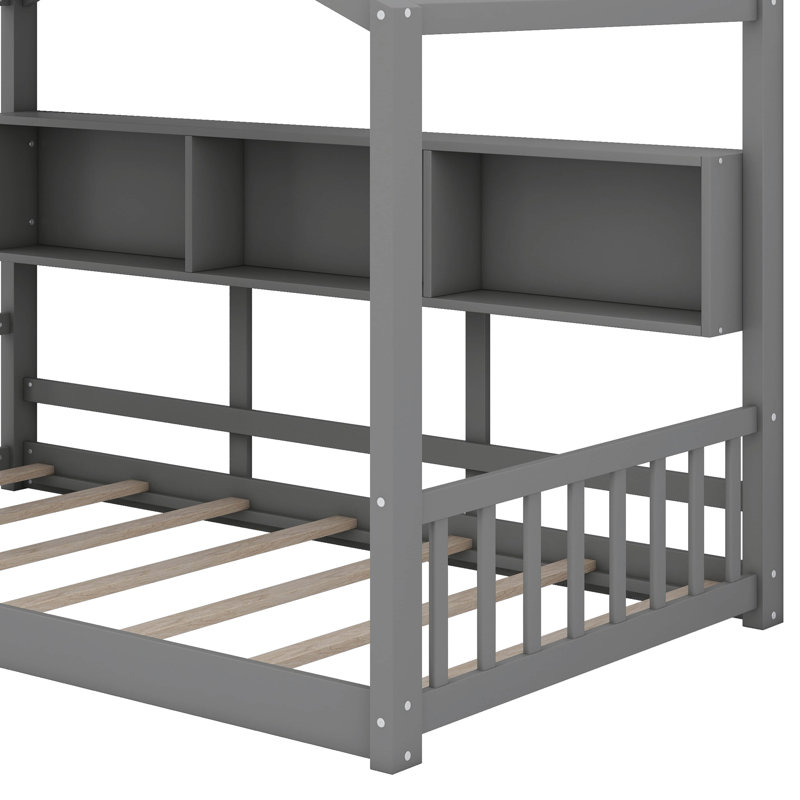Lit sur pied avec tablette de rangement, lit maisonnette avec toit, gris, Simple