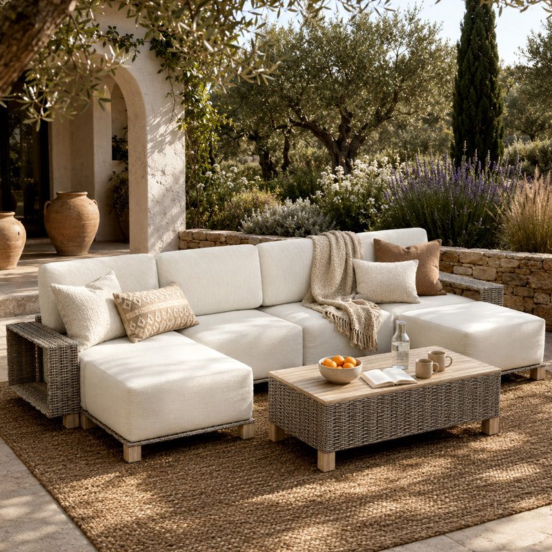 Canapé d'angle extérieur en résine tressée 7 pièces avec coussins de 20 cm et design modulaire, Beige