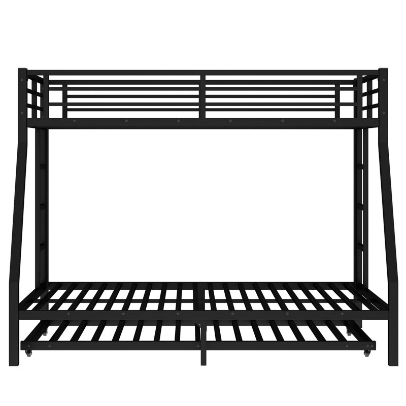 Metal Bunk Bed with Trundle, Black, Twin Over Full