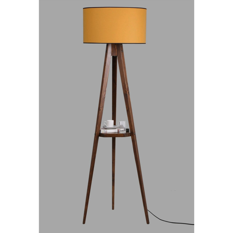 Lampe sur pied élégante en bois avec tablette Luro, couleur noyer et moutarde, douille E27 de 60 W, 60 po x 15,7 po x 5,1 po | Interrupteur marche / arrêt, peinture électrostatique séchée au four | Éclairage élégant pour le décor du salon et de la chambre à coucher