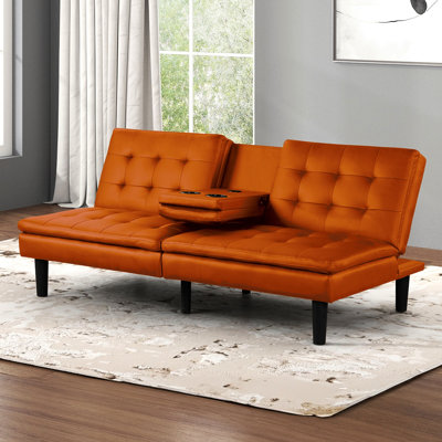 Contemporary Orange Futon - Style With Biscuit Tufting, A & C Chargers, Drop Down Table And Bed Making Ease, 71.5"W X 35.5"D 32"H Built In Ports, Conv by Latitude Run