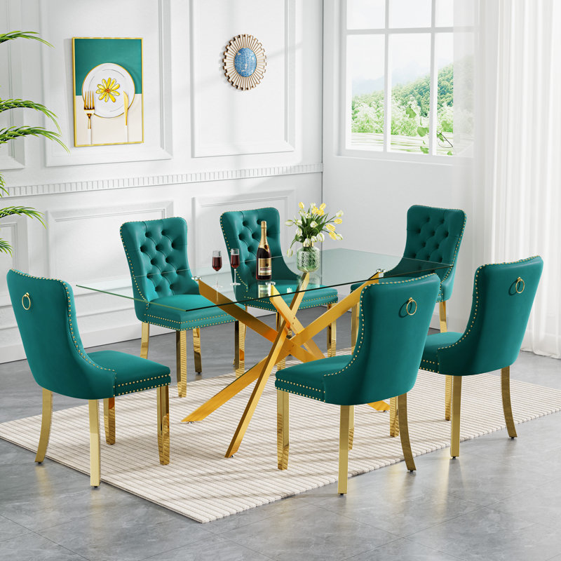 Darlene 60" Glass Dining Table Set Modern Dining Room Table Set  X-Shape Pedestal Glass Table with Dining Chairs, Dining Set for Dining Living Room