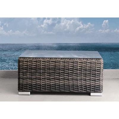 Square Outdoor Coffee Table In Brown , Tempered Glass Top, Weather- Aluminum Frame, No Assembly, 28" Square, 20 Lbs, Ideal For Spaces Table, Glass, All-Weather Resort Style