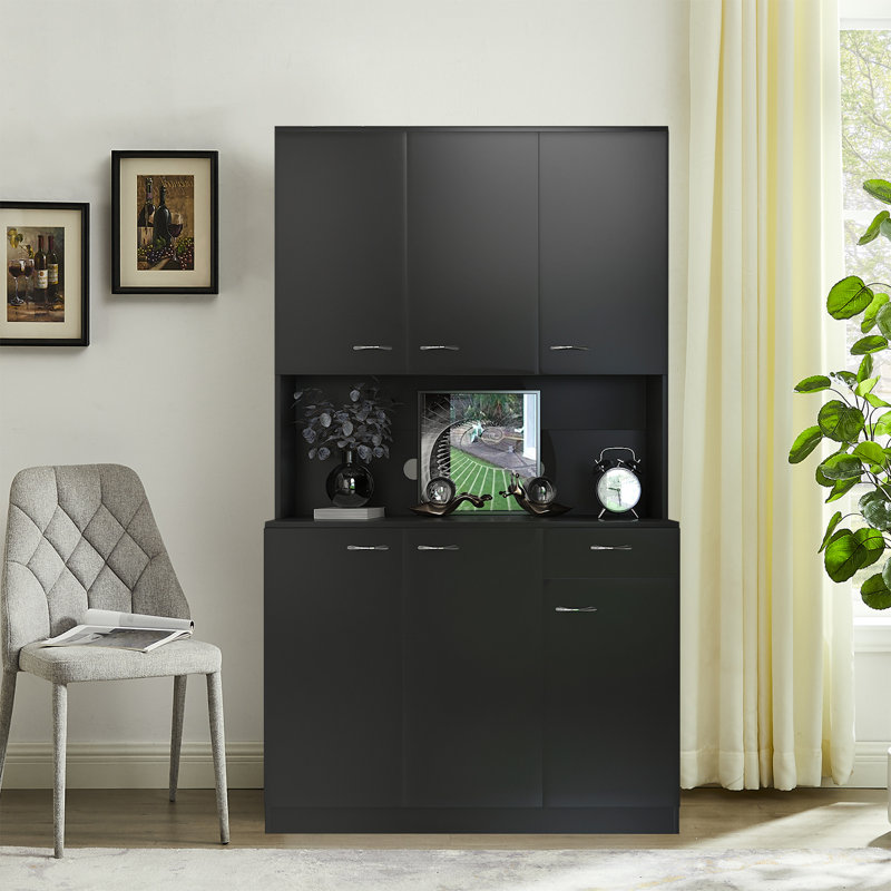 Springlake Freestanding Tall Dining Hutch Sideboard with Cable Management Holes - 4 Cabinets and a Drawer, Black