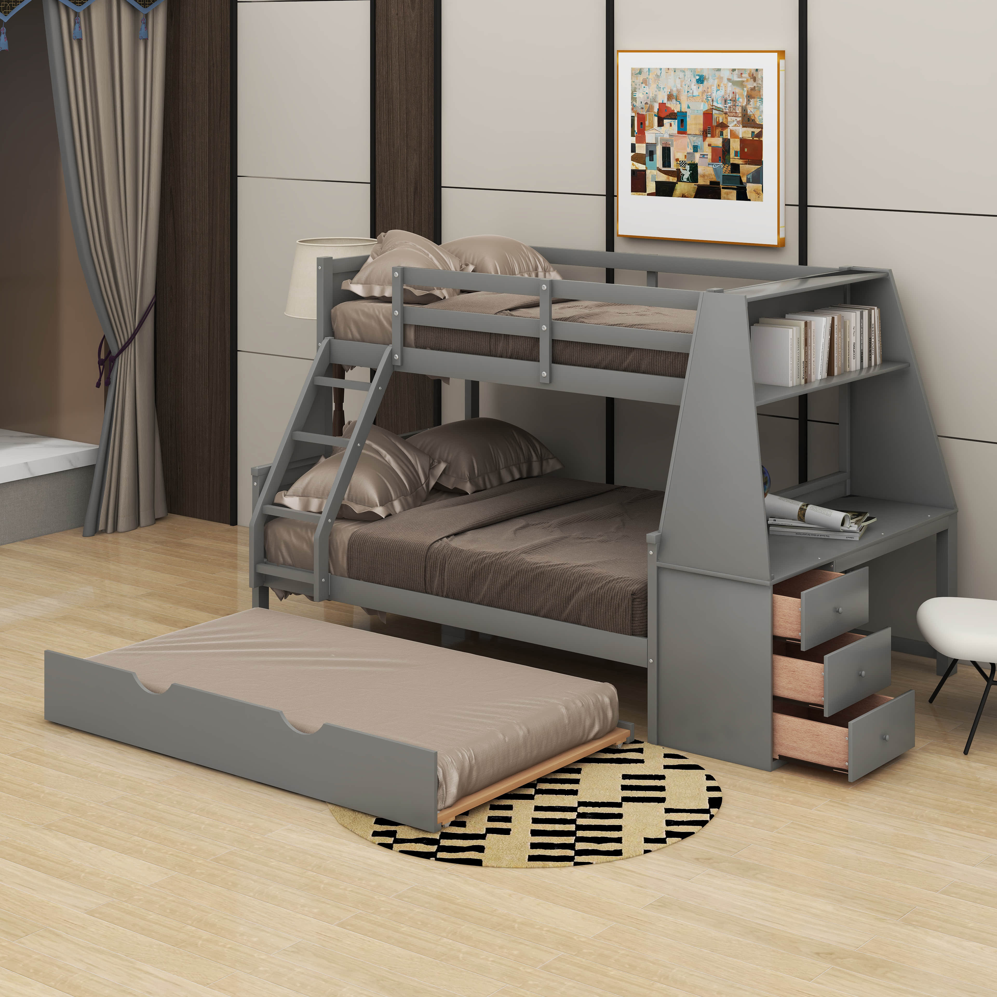 Latitude Run® Twin Over Full Bunk Bed With Trundle And Desk | Wayfair