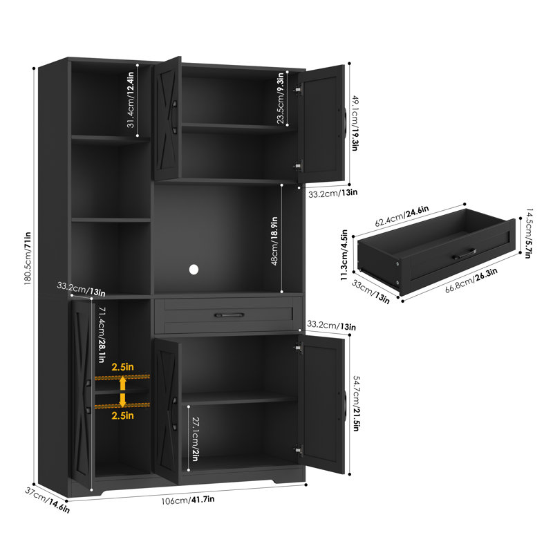 Nechemya 70.8" Freestanding Bathroom Cabinet with Center Drawer, Wood Storage Bathroom Cabinet with 4 Doors, Black