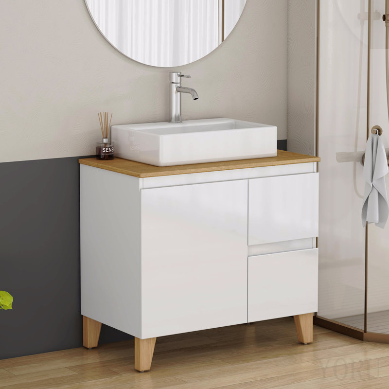Meuble-lavabo moderne de 80 cm avec lavabo intégré, 1 porte et 2 grands tiroirs, système de fermeture amortie, design sans poignées, plateau et pieds en bois massif naturel, lavabo rond en céramique sur le comptoir, blanc lustré