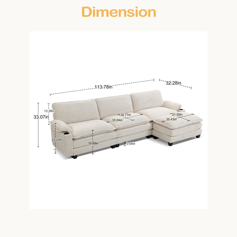 113" Modern 3+1 L-Shaped Corduroy Fabric Sofa,Modular Sectional Cloud Couch W/Ottoman,35D High-Resilience Sponge