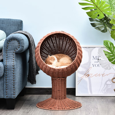 Brown Elevated Cat Bed With Rotatable Egg Chair And Thick Soft Cushion, Natural Mat Grass Pod House,