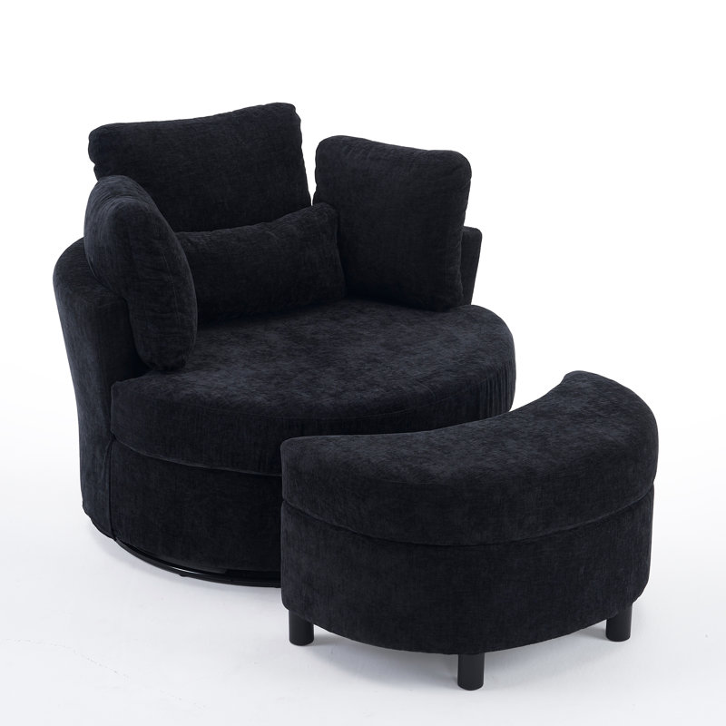 Swivel Armchair with Footstool, Black Chenille