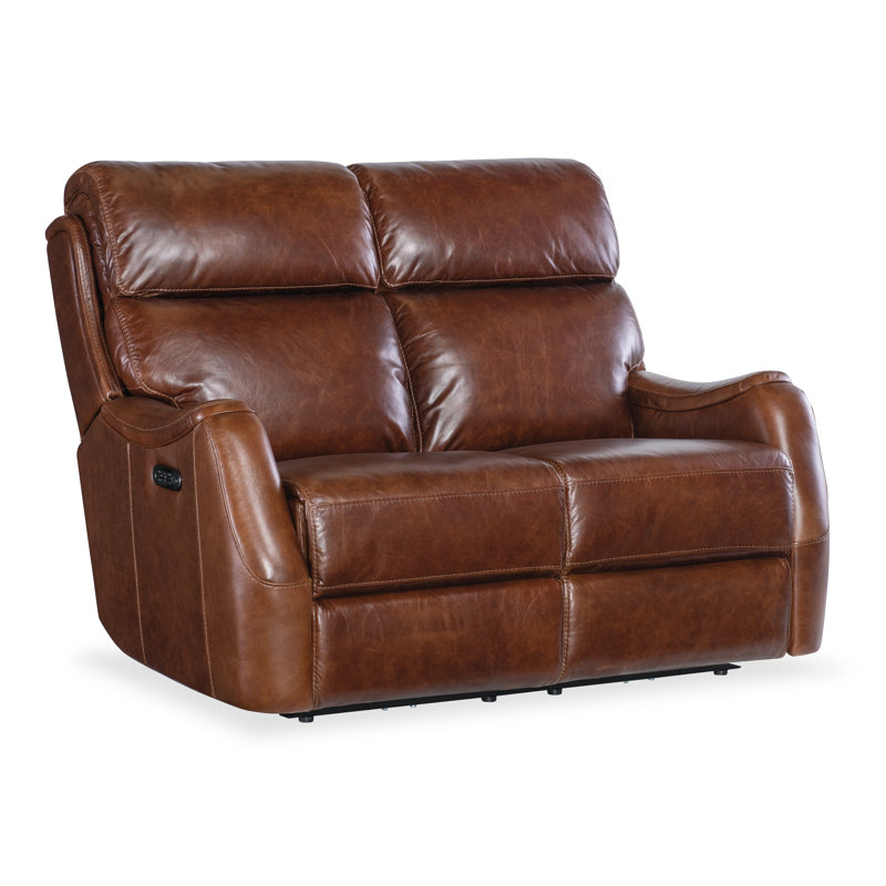 Carrington Walnut Leather Reclining Loveseat with Black Metal Base