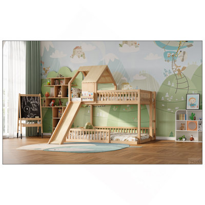 Structure de lit superposé surélevé en bois avec surmatelas pour grand lit double avec glissoire et échelle intégrée pour enfants, adolescents, jeunes, naturel