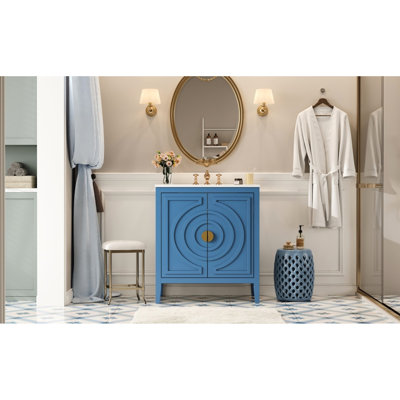 Meuble-lavabo de salle de bain 30 po avec lavabo, style Mid-Century, 2 portes à fermeture douce, rangement, 1 tiroir dissimulé, tablette réglable, structure en bois massif, tiroirs coulissants, rangement à revêtement bleu rétro,