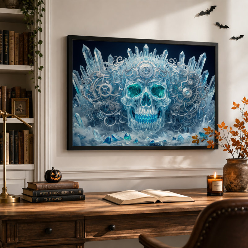 Art mural sur toile, crâne de cristal avec engrenages argentés et cristaux bleus, H 16 po x l 24 po