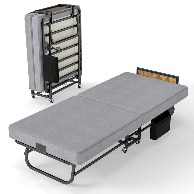 Lit d'appoint portatif avec rangement, structure en acier, gris moderne